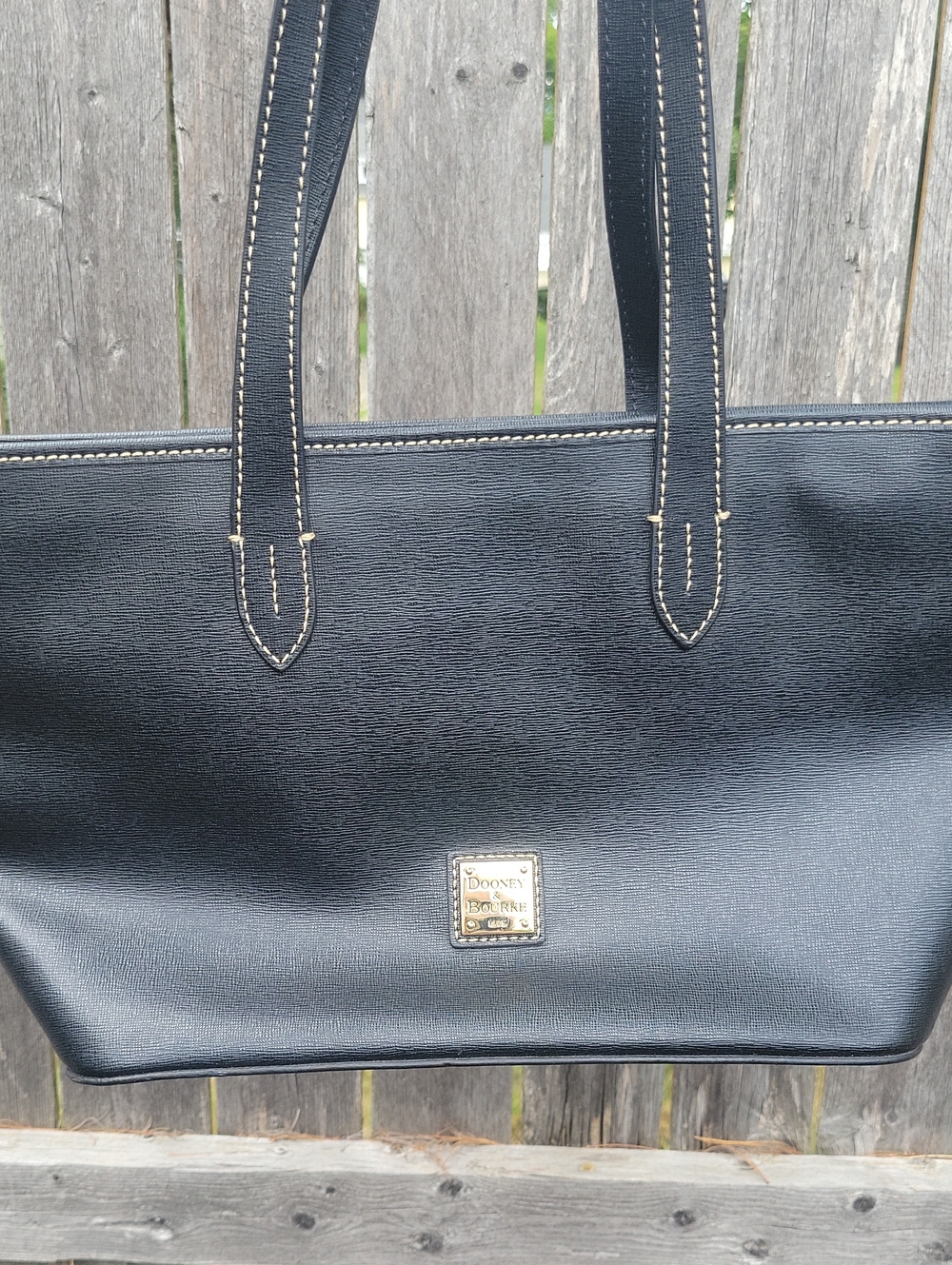 Dooney & Bourke Black Leather Tote with Contrast Stitching